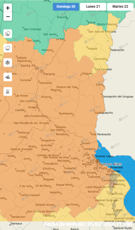 alt="Mapa con alerta naranja y amarilla en Entre Ríos por tormentas fuertes y vientos intensos"