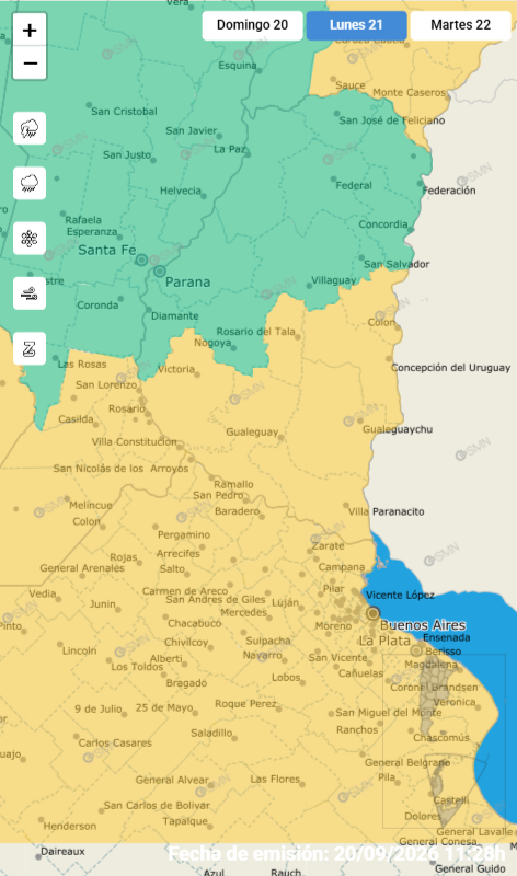 alt="Mapa del lunes con alerta naranja y amarilla en Entre Ríos en Colón, Uruguay y Gualeguaychú"