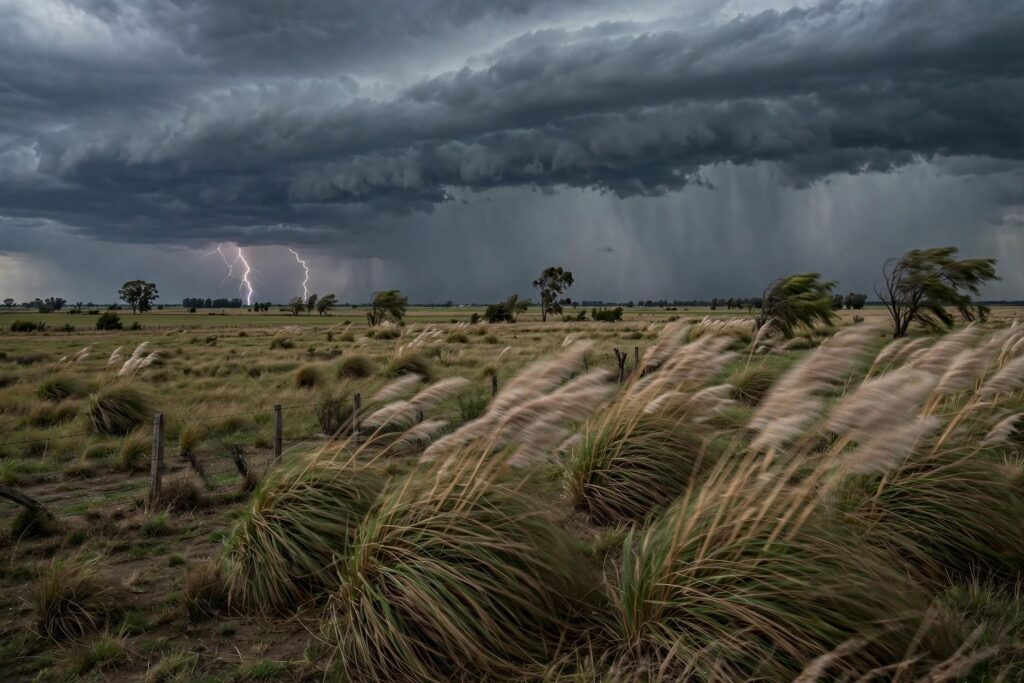 alt="Cielo tormentoso sobre campo entrerriano ilustra alerta naranja y amarilla en Entre Ríos por tormentas"