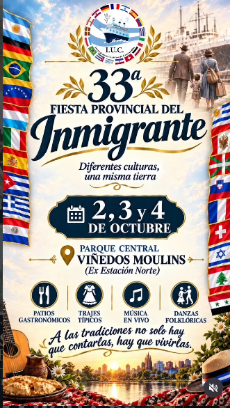 alt="Afiche oficial de la 33ª Fiesta Provincial del Inmigrante Concordia 2026 con fechas 2, 3 y 4 de octubre en Parque Central Viñedos Moulins, banderas de colectividades y barco de inmigrantes de Inmigrantes Unidos de Concordia"