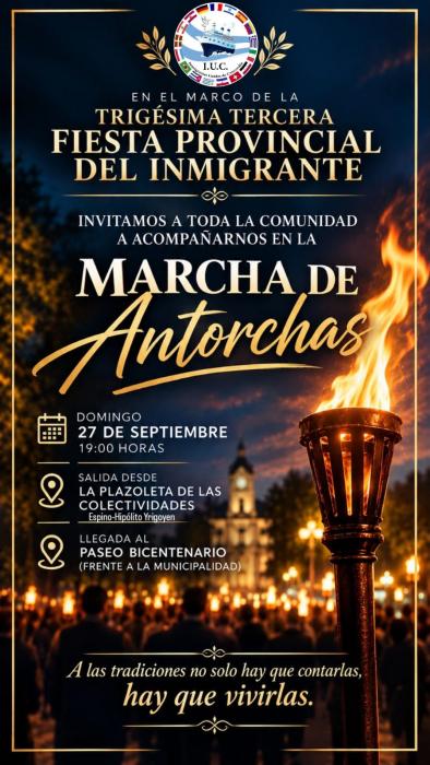 alt="Flyer oficial de la Marcha de Antorchas de la Fiesta Provincial del Inmigrante Concordia 2026 con antorcha encendida y multitud"