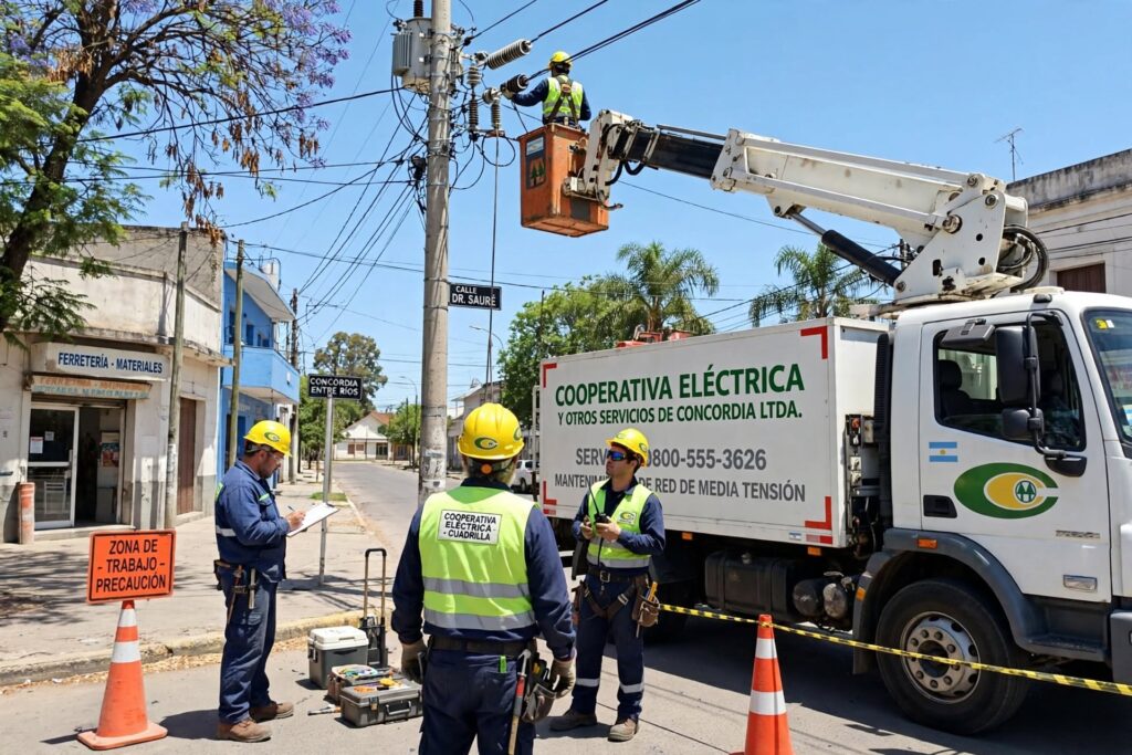 alt="cuadrilla de operarios de la Cooperativa Eléctrica de Concordia trabajando en las líneas de media tensión en el marco de los cortes de luz programados para hoy"