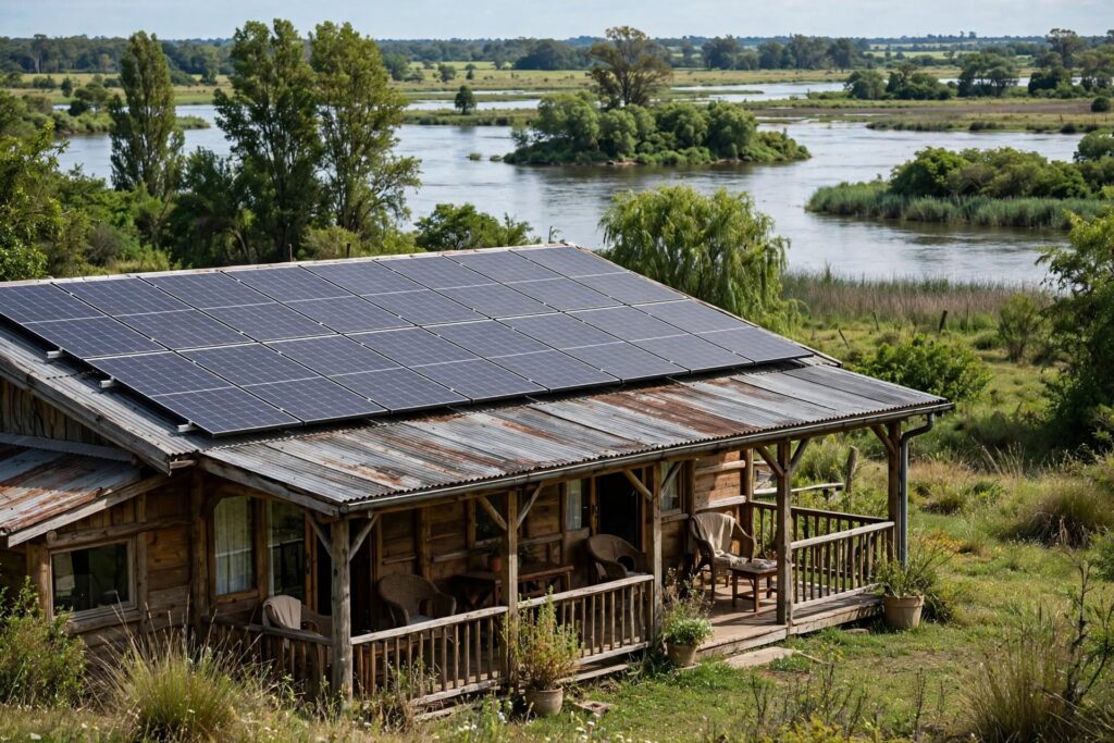 alt="Paneles solares adquiridos gracias al financiamiento a la región de Salto Grande en alojamiento turístico entrerriano"
