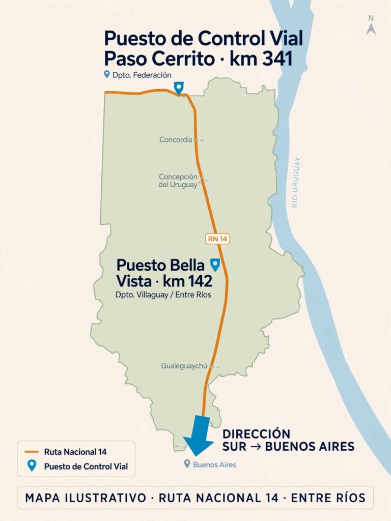 alt="Mapa de Ruta Nacional 14 con puestos Paso Cerrito y Bella Vista por secuestro de cristal y éxtasis en Entre Ríos"