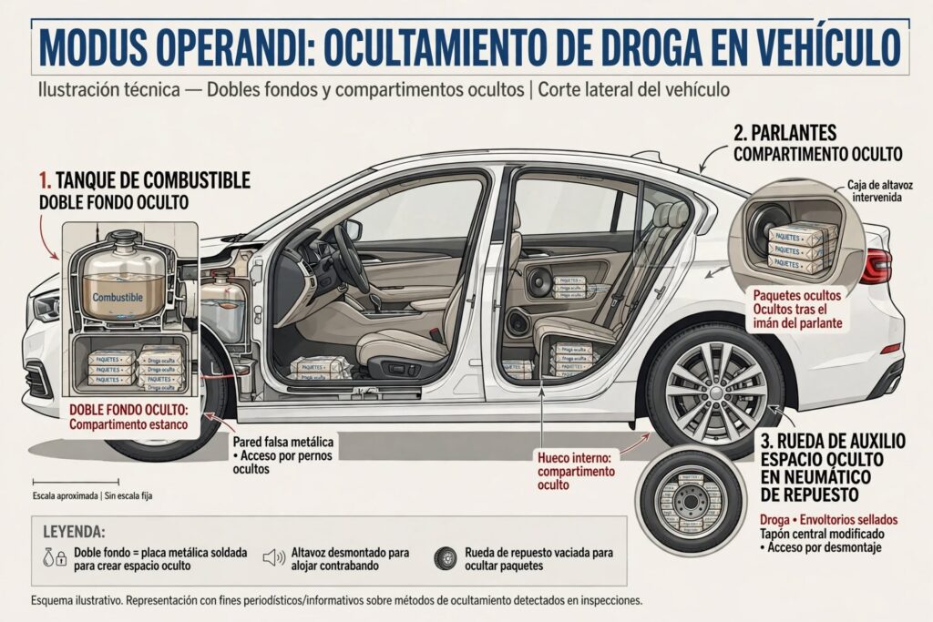 alt="Diagrama de doble fondo en vehículo usado en transporte de cristal y éxtasis en Entre Ríos"