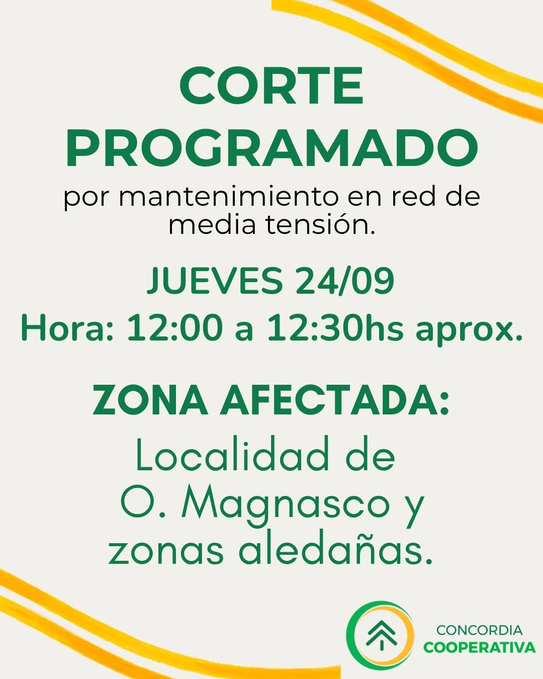 alt="Flyer oficial que anuncia Corte programado en Osvaldo Magnasco por mantenimiento en red de media tensión"