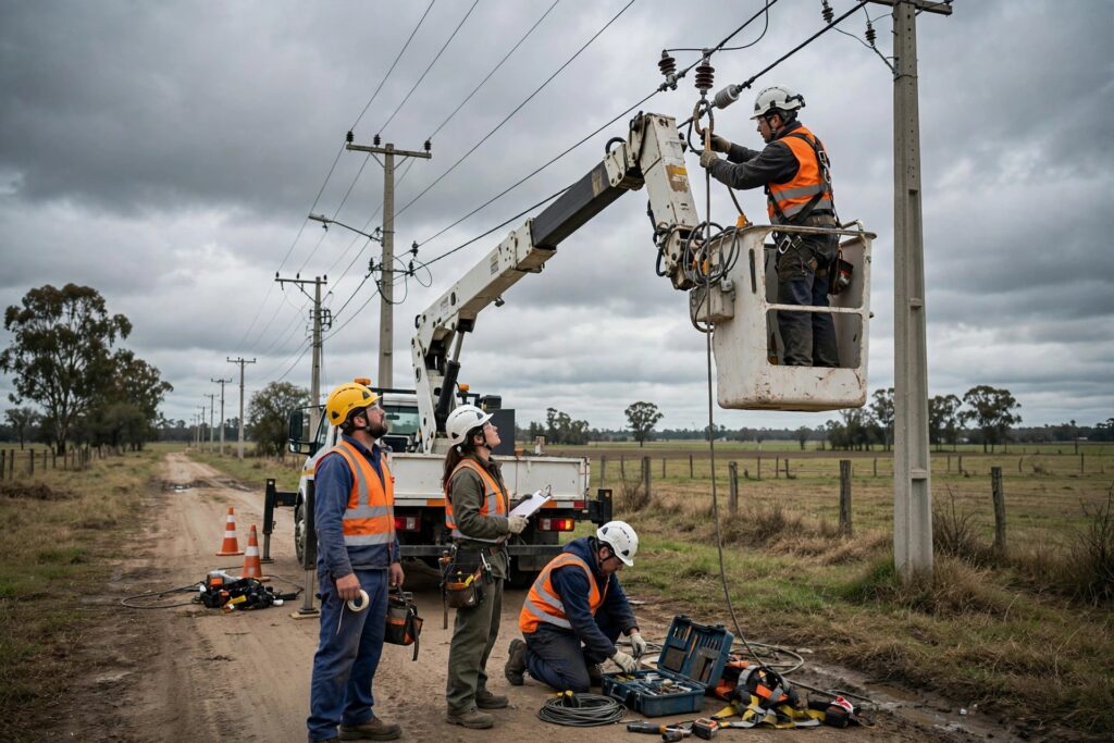 alt="Cuadrilla de operarios trabajando en red de media tensión previo al Corte programado en Osvaldo Magnasco"