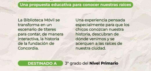 alt="Flyer oficial de la biblioteca móvil en escuelas de Concordia con la obra de títeres Así nació Concordia"
