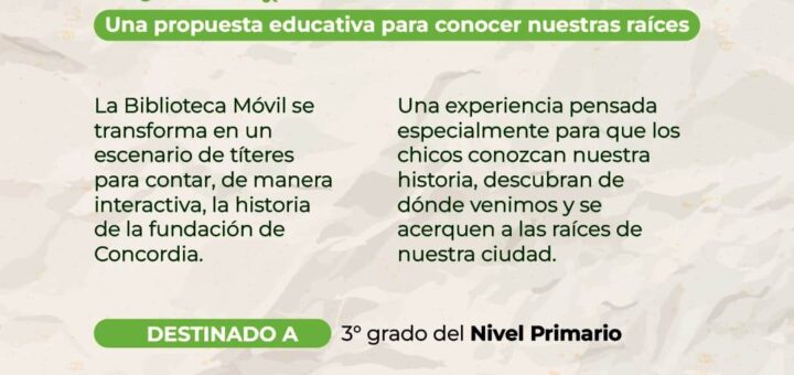 alt="Flyer oficial de la biblioteca móvil en escuelas de Concordia con la obra de títeres Así nació Concordia"