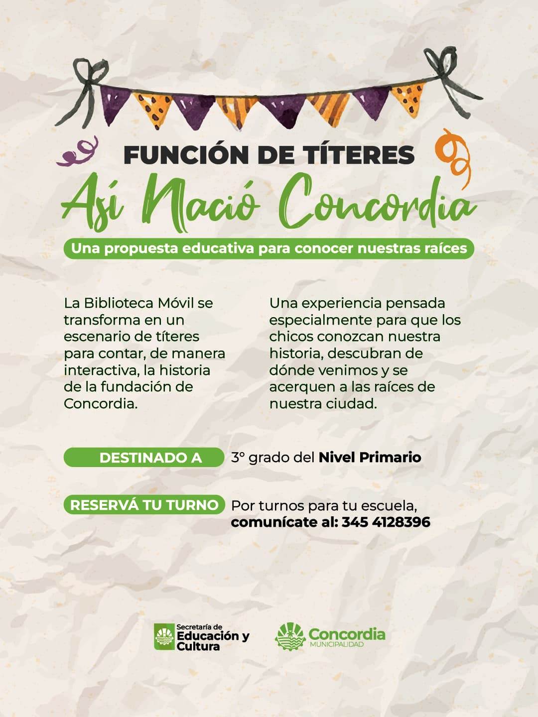 alt="Flyer oficial de la biblioteca móvil en escuelas de Concordia con la obra de títeres Así nació Concordia"