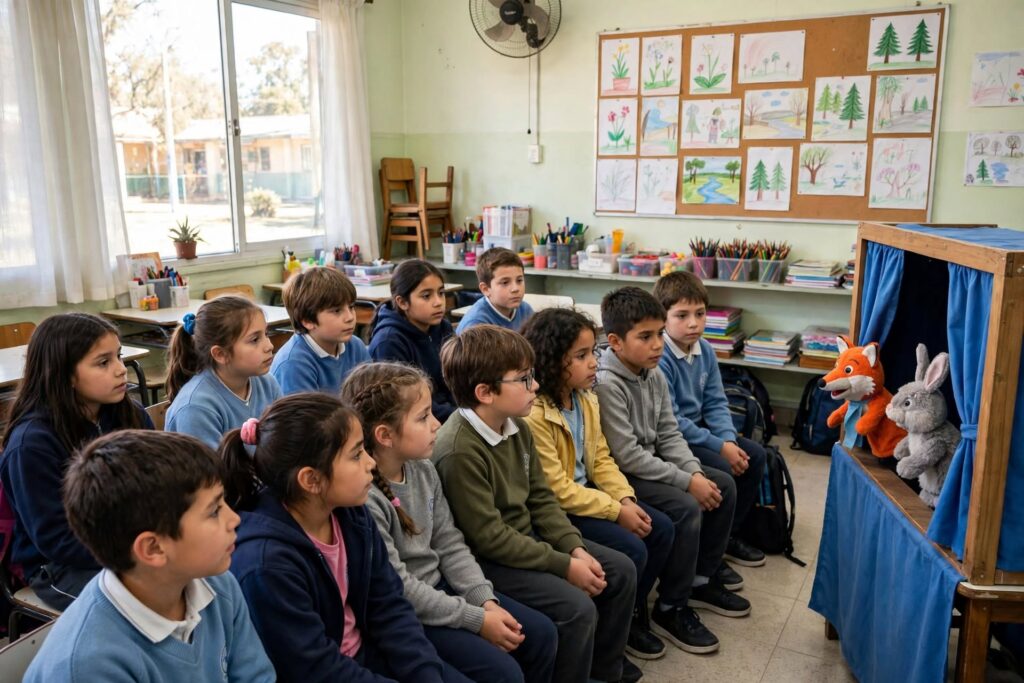 alt="Estudiantes de tercer grado de escuelas de Concordia participan de la biblioteca móvil con función de títeres"