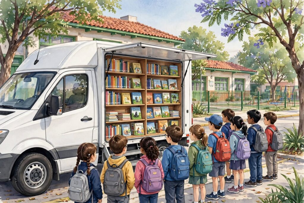 alt="Ilustración de la Biblioteca móvil recorriendo escuelas de Concordia, estacionada frente a escuela primaria con niños haciendo fila"