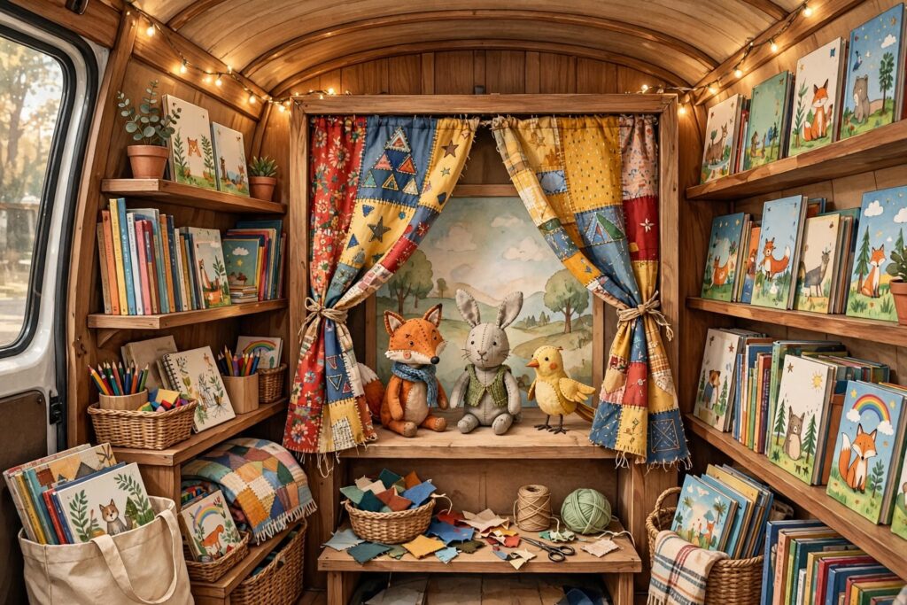 alt="Interior de la biblioteca móvil adaptado como teatro de títeres con libros infantiles durante su visita a las escuelas de Concordia"