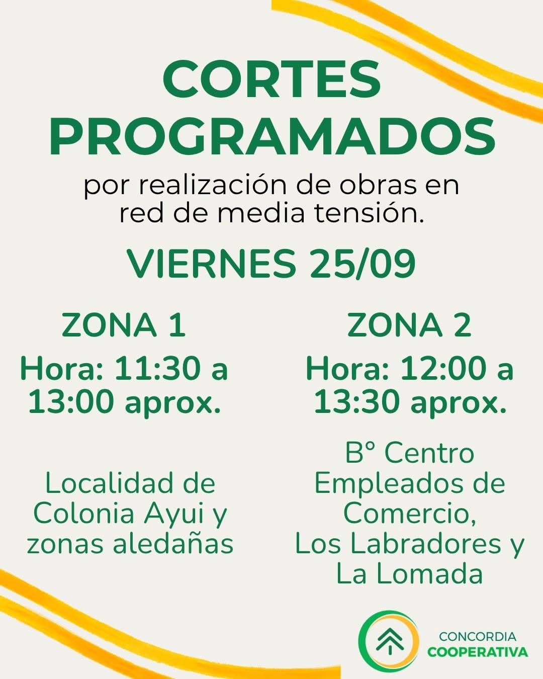 alt="Flyer oficial que informa los cortes de luz que se producirán hoy en Concordia por obras en media tensión"