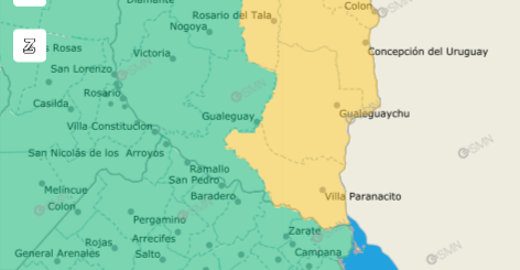 alt="Mapa del Servicio Meteorológico Nacional con alerta amarilla por tormentas en Entre Ríos para el sábado"