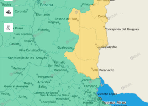 alt="Mapa del Servicio Meteorológico Nacional con alerta amarilla por tormentas en Entre Ríos para el sábado"