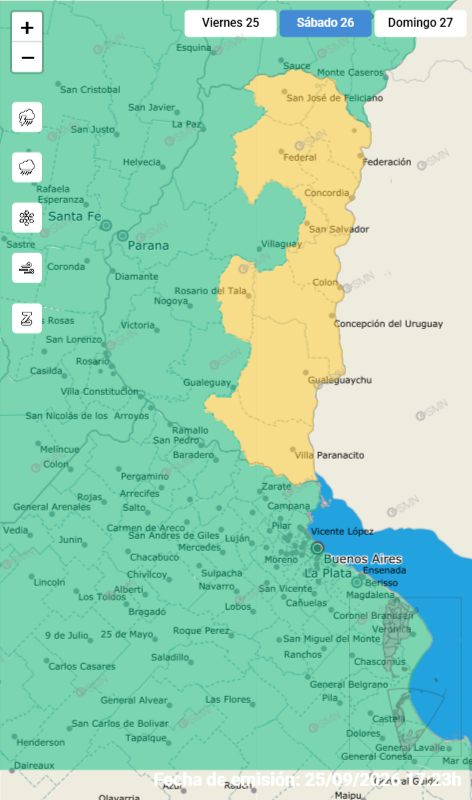 alt="Mapa del Servicio Meteorológico Nacional con alerta amarilla por tormentas en Entre Ríos para el sábado"