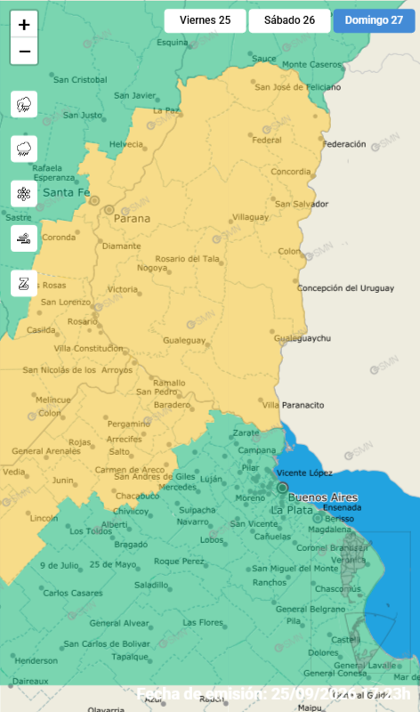alt="Mapa del SMN del domingo con alerta amarilla por tormentas en Entre Ríos en toda la provincia"