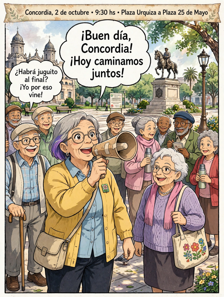 alt=": Ilustración de personas mayores reunidas con megáfono en Plaza Urquiza al inicio de la Caminata del Día de las Personas Mayores en Concordia"