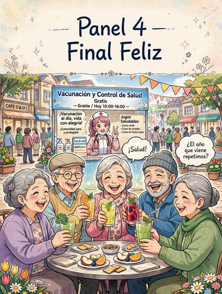 alt="Ilustración de personas mayores brindando con jugos y stand de salud al finalizar la Caminata del Día de las Personas Mayores en Concordia"