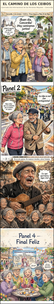 alt="Tira vertical en estilo manga que narra la Caminata del Día de las Personas Mayores en Concordia"