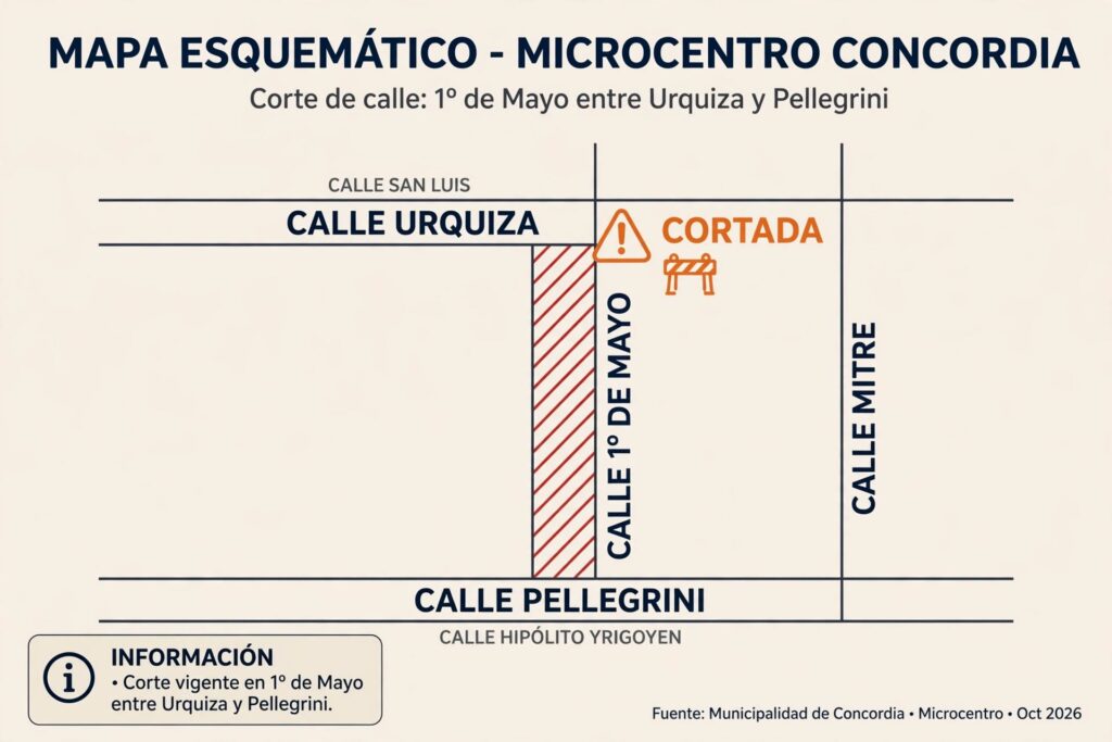 alt="corte de tránsito en Concordia con vallas y conos en calle 1º de Mayo en zona céntrica"