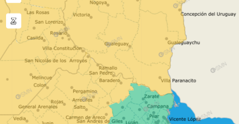 alt="Mapa del Servicio Meteorológico Nacional que muestra la alerta amarilla por tormentas en Entre Ríos vigente este sábado"
