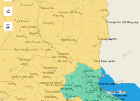 alt="Mapa del Servicio Meteorológico Nacional que muestra la alerta amarilla por tormentas en Entre Ríos vigente este sábado"