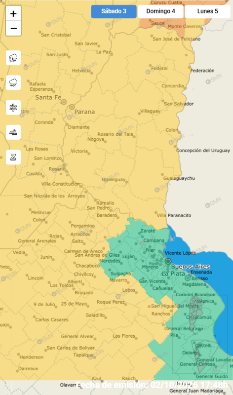 alt="Mapa del Servicio Meteorológico Nacional que muestra la alerta amarilla por tormentas en Entre Ríos vigente este sábado"