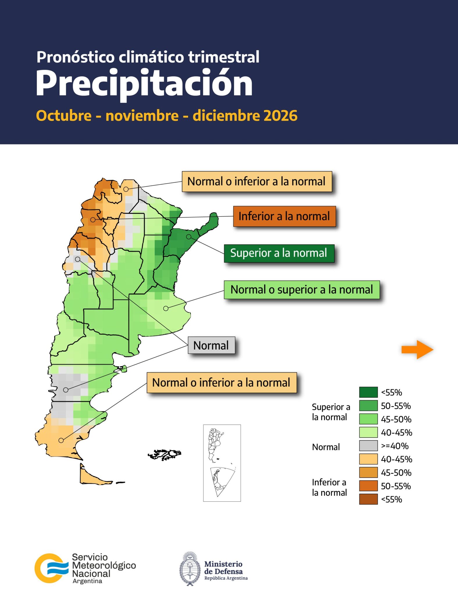 alt="Mapa de precipitación del pronóstico climático trimestral octubre-diciembre 2026 del SMN para Argentina"