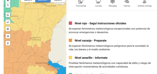 alt="Mapa del alerta meteorológico en Entre Ríos emitido por el SMN con niveles amarillo y naranja por tormentas"