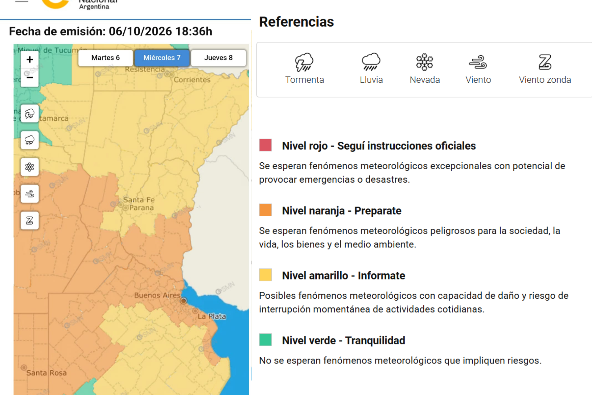 alt="Mapa del alerta meteorológico en Entre Ríos emitido por el SMN con niveles amarillo y naranja por tormentas"