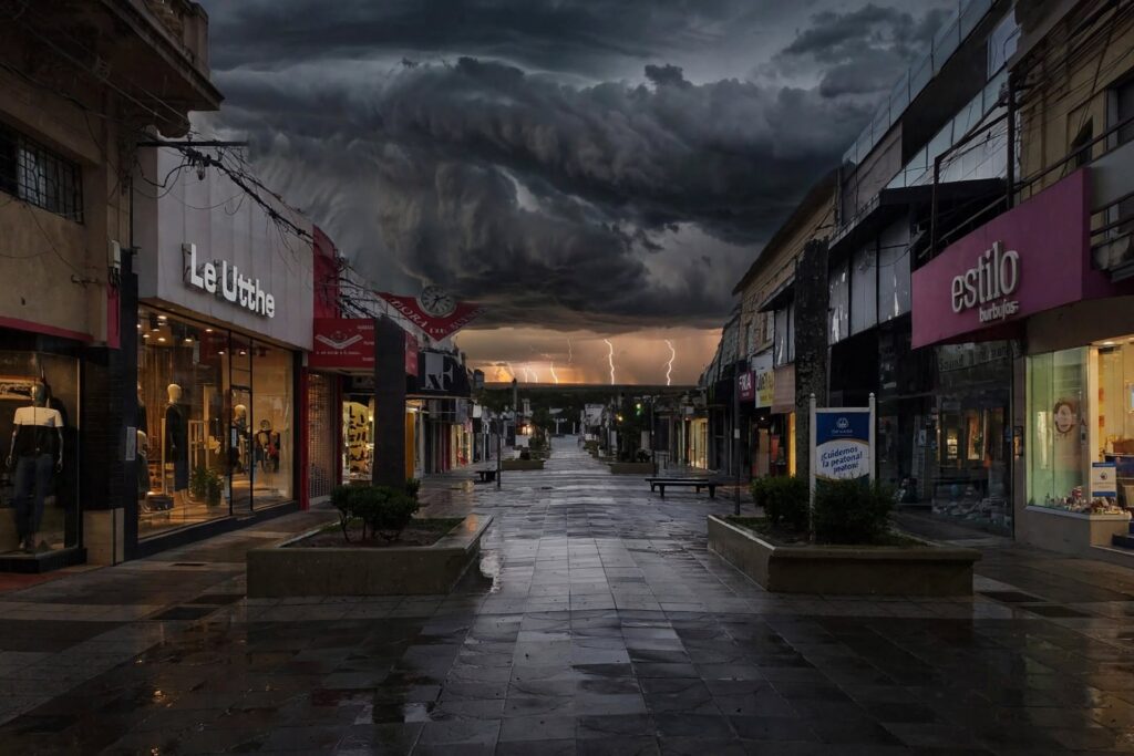 alt="Cielo de tormenta sobre ciudad entrerriana durante el alerta meteorológico en Entre Ríos"