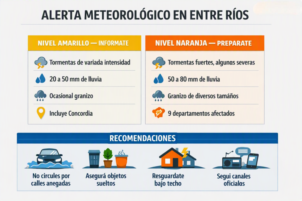 alt="Infografía con recomendaciones ante el alerta meteorológico en Entre Ríos, niveles amarillo y naranja"
