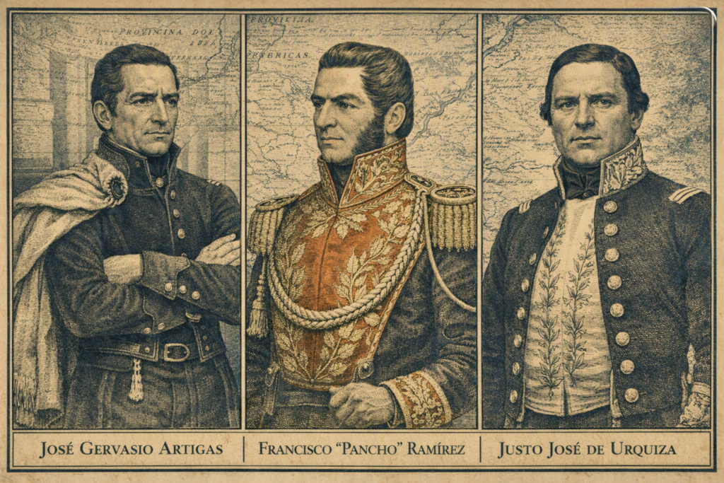 alt="Ilustración de Artigas, Pancho Ramírez y Urquiza, protagonistas de la charla sobre los caudillos de Entre Ríos en Concordia"