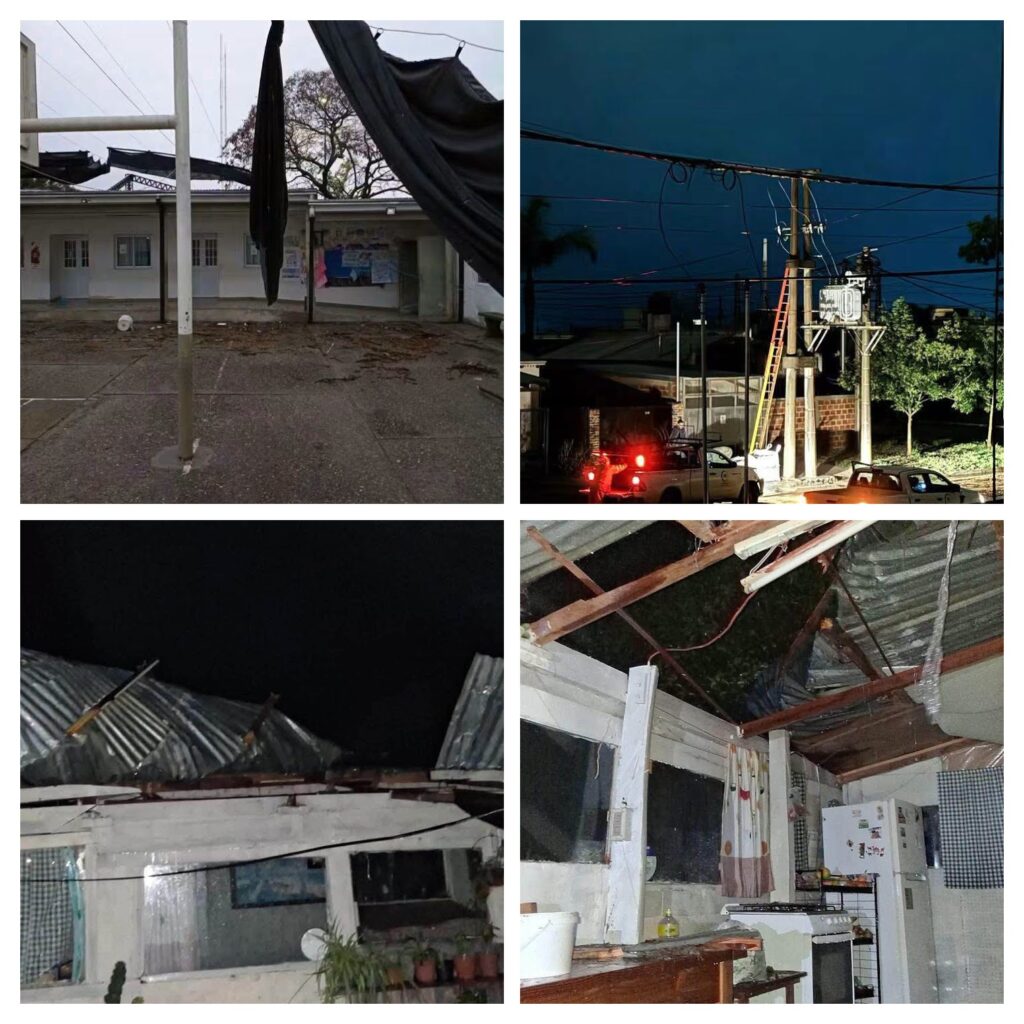 alt="Imágenes del temporal en Concordia: edificio con techo parcialmente derrumbado, trabajador en un poste de luz e interiores con techos dañados"