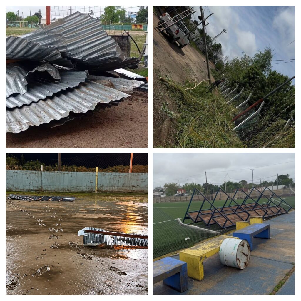 alt="Destrozos en clubes de fútbol concordienses tras el temporal en Concordia: chapas metálicas desprendidas, poste de iluminación caído y tribuna volcada junto a la cancha"