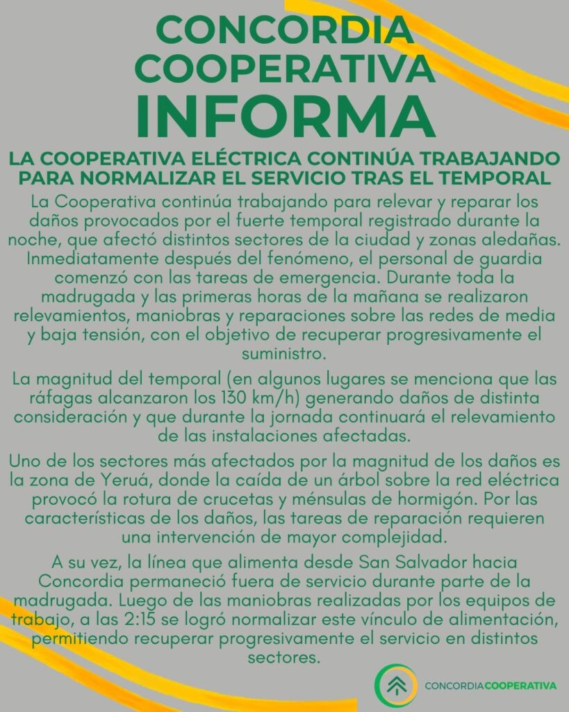 alt="Captura del comunicado de la Cooperativa Eléctrica de Concordia sobre la normalización del servicio tras el temporal en Concordia"