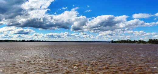 alt="Creciente del río Uruguay en Concordia: aguas marrones y crecidas avanzan sobre la costa frente a la ciudad"