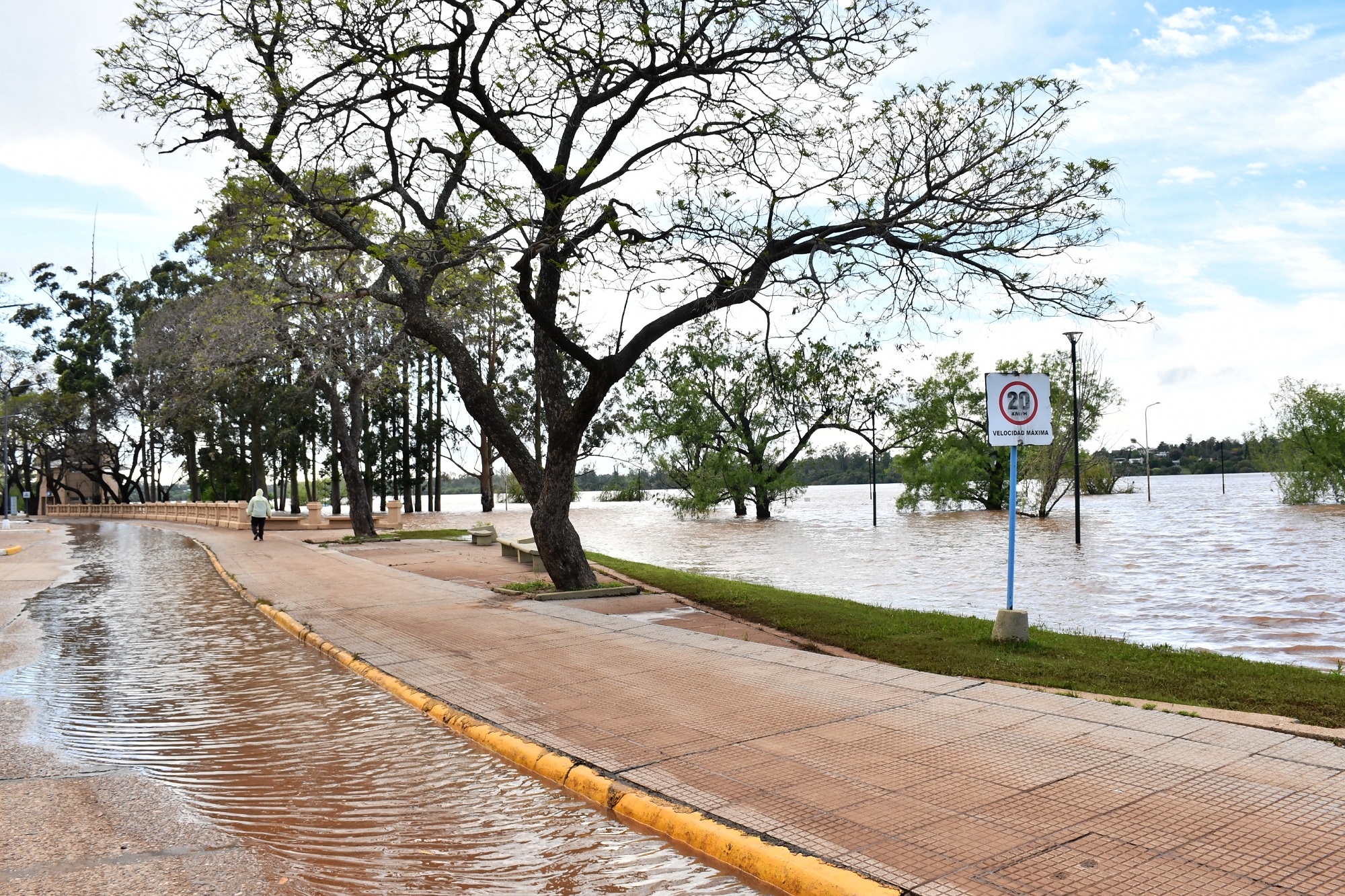 alt="Vista de la costanera de Concordia con calles inundadas durante la visita de Frigerio en Concordia por la creciente del río Uruguay"