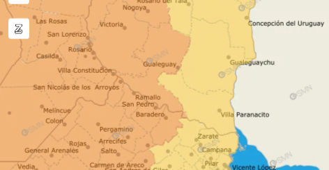 alt="Mapa con alerta naranja y amarilla en Entre Ríos por tormentas fuertes"