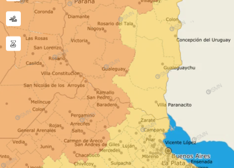 alt="Mapa con alerta naranja y amarilla en Entre Ríos por tormentas fuertes"