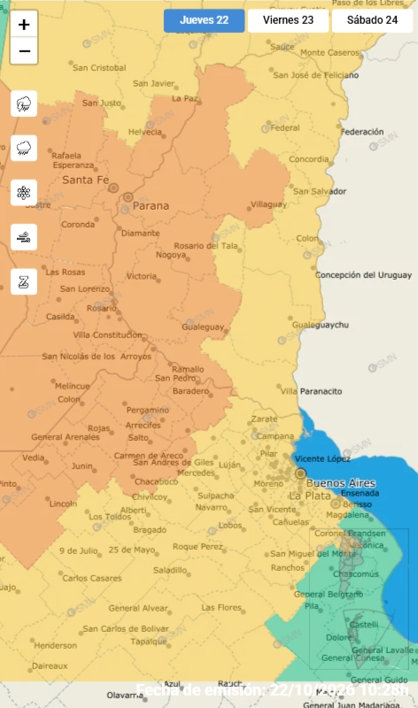 alt="Mapa con alerta naranja y amarilla en Entre Ríos por tormentas fuertes"