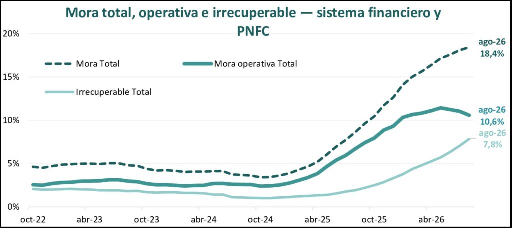 alt="Gráfico de líneas con la mora total, operativa e irrecuperable en el país, contexto del endeudamiento de las familias en Entre Ríos"