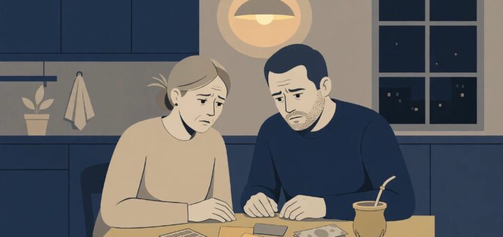 alt="Ilustración sobre el endeudamiento de las familias en Entre Ríos: una pareja revisa facturas y tarjetas sobre la mesa de la cocina"