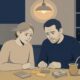 alt="Ilustración sobre el endeudamiento de las familias en Entre Ríos: una pareja revisa facturas y tarjetas sobre la mesa de la cocina"