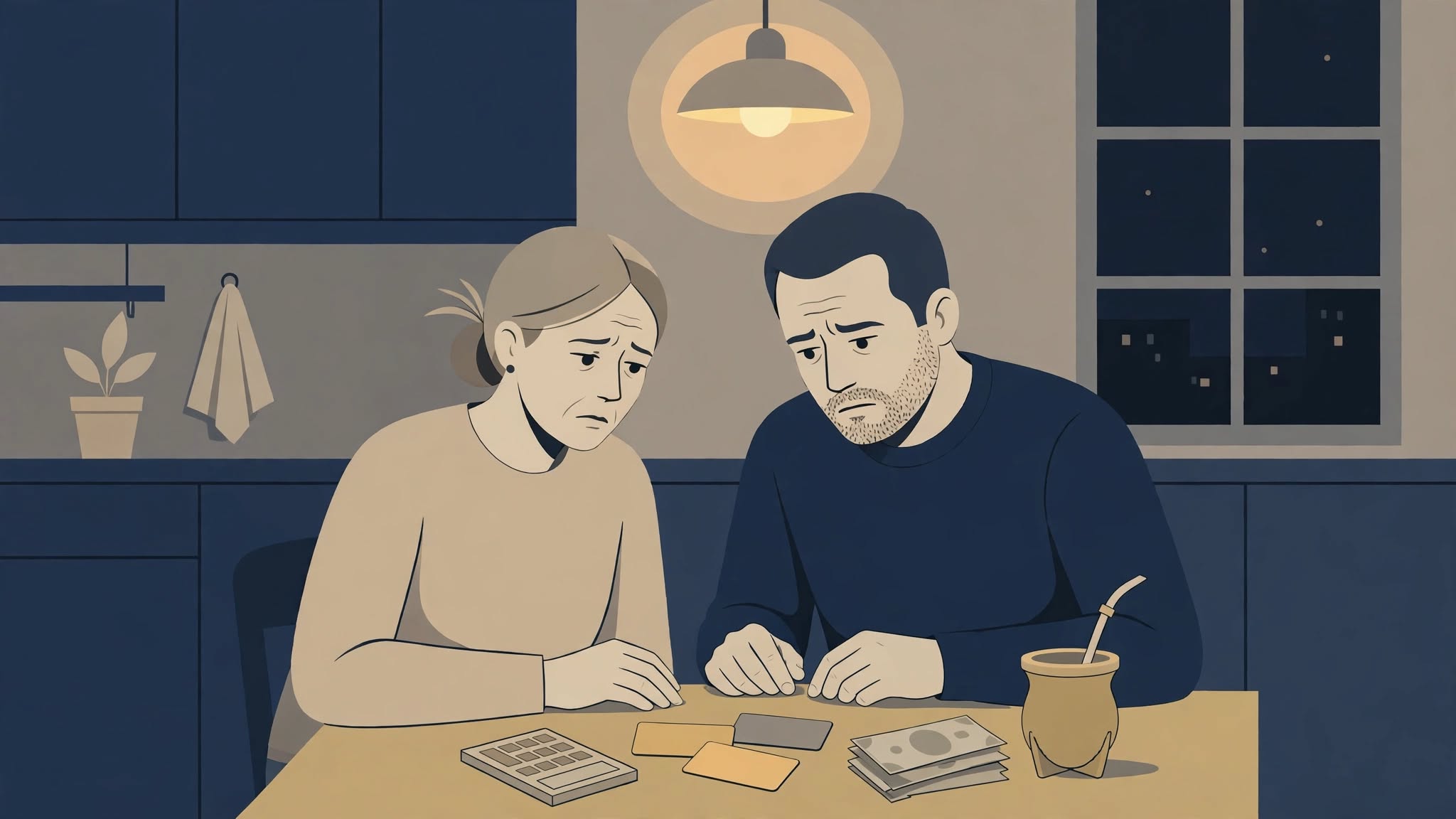alt="Ilustración sobre el endeudamiento de las familias en Entre Ríos: una pareja revisa facturas y tarjetas sobre la mesa de la cocina"