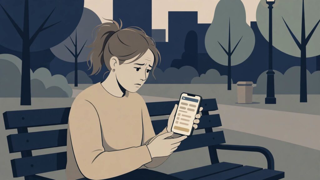 alt="Ilustración sobre el endeudamiento de las familias en Entre Ríos: una joven revisa en su celular una aplicación de préstamos"