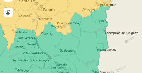 alt="Mapa del SMN con la alerta amarilla por tormentas en Entre Ríos para el sábado 24 de octubre"