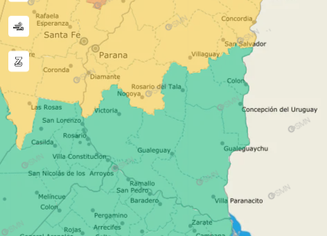 alt="Mapa del SMN con la alerta amarilla por tormentas en Entre Ríos para el sábado 24 de octubre"